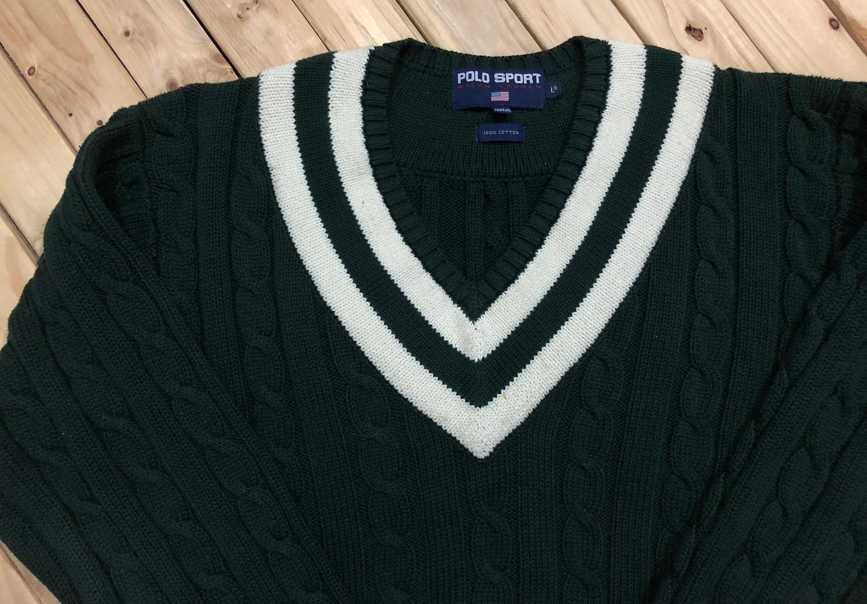 Ralph Lauren Polo Sport Pullover V-neck Polo Cable Knit Collegiate Sweater