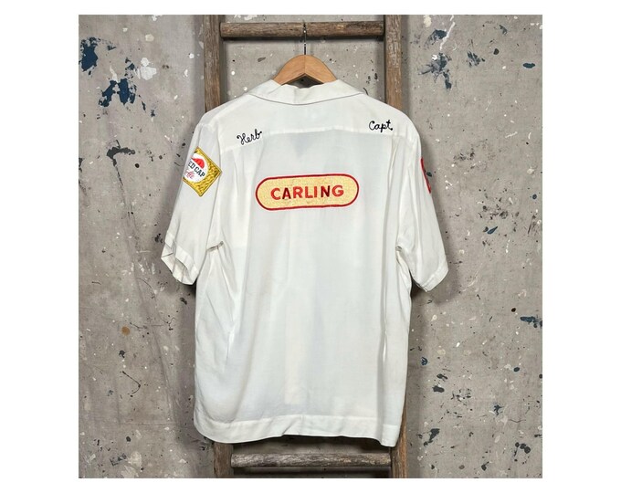White '60s Loop Collar Bowling Shirt Carling Beer