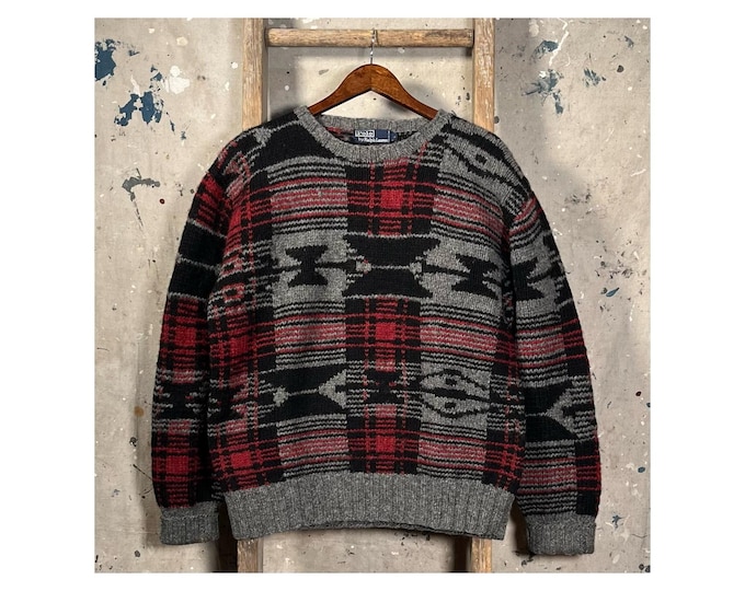 Hand Knit '90s Polo Patterned Wool Sweater