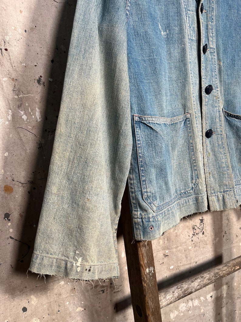 Faded 1940s WWII Shawl Collar Denim Coat image 3