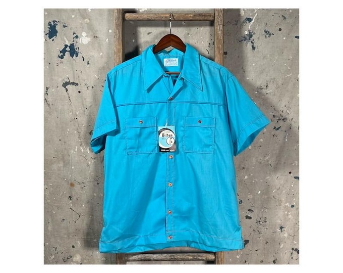 Cyan Blue 1970s Bowling Shirt *Deadstock