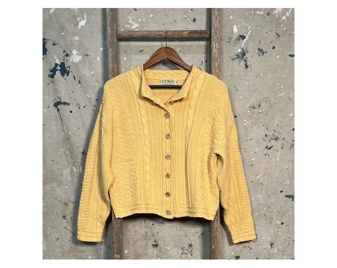 Yellow 80s LL Bean Cardigan Sweater Cable Knit