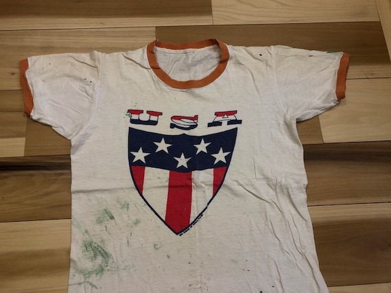 USA 1970s Bicentennial Ringer tee paint splatter
