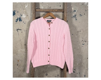 Pink '90s Lands End Cable Knit Cardigan Sweater