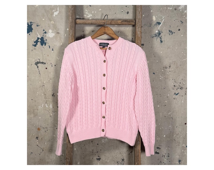 Pink '90s Lands End Cable Knit Cardigan Sweater