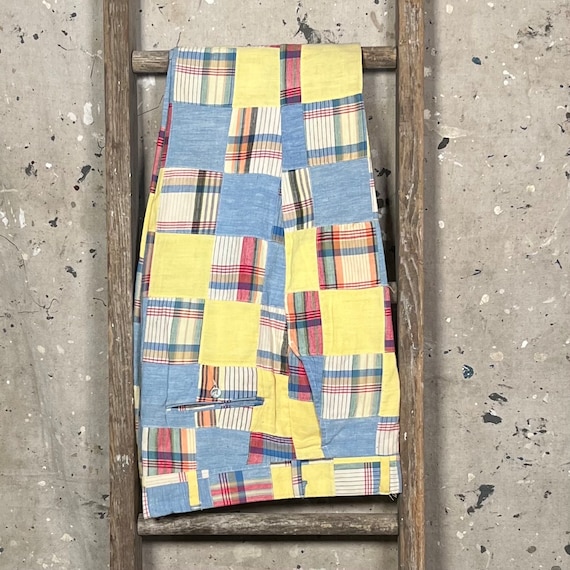 Madras Plaid 1960s Yellow Patchwork Trousers - image 2
