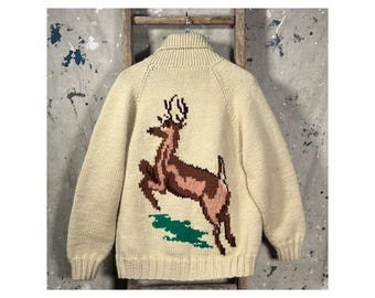 Hand Knit '60s Cowichan Sweater Deer Motif