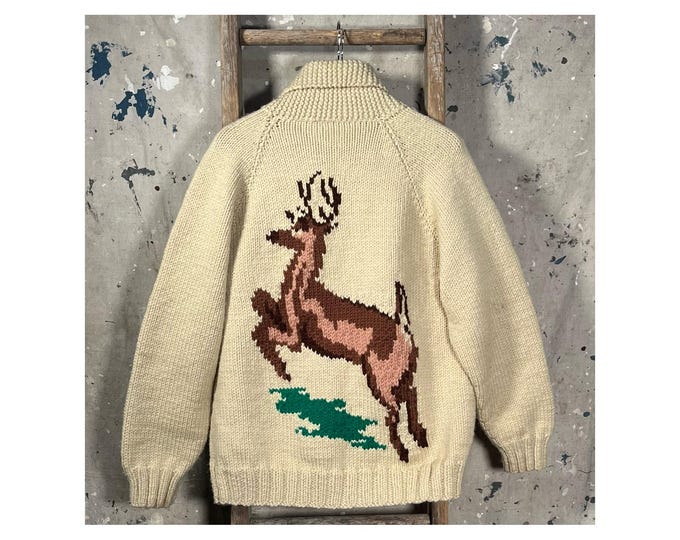 Hand Knit '60s Cowichan Sweater Deer Motif