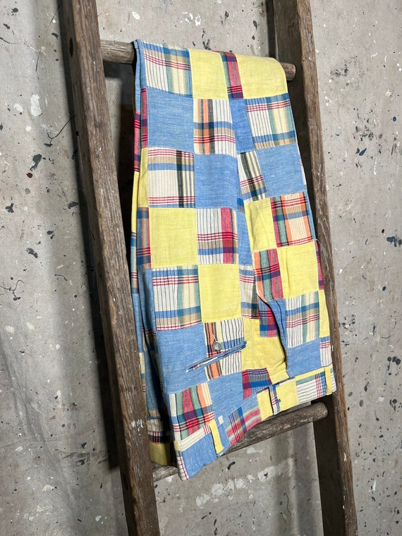 Madras Plaid 1960s Yellow Patchwork Trousers - image 3