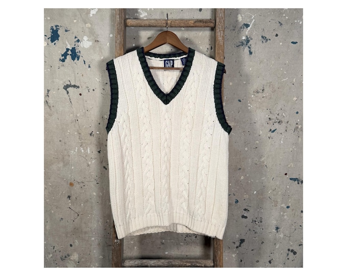 White Vest GAP '90s Cable Knit V-Neck Sweater