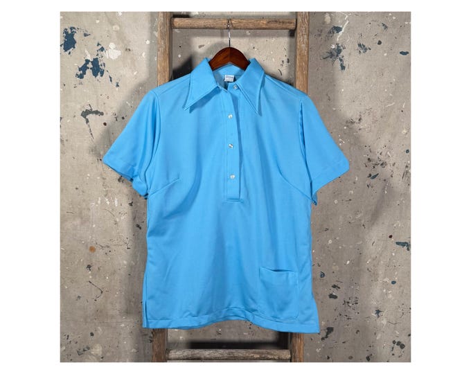 Hilton 1970s Bowling Shirt Cyan Blue Poly