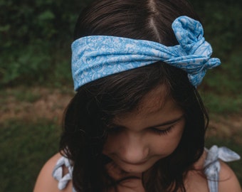 White and Blue Floral Turban Headband | Knotted Headband for Babies, Toddlers and Adults