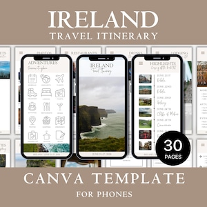 May include: A digital travel itinerary template for Ireland, designed for phones. The template features a clean, modern design with various pages for planning trips, including sections for tickets, photos, restaurants, and daily itineraries. The design includes the text "IRELAND TRAVEL ITINERARY".