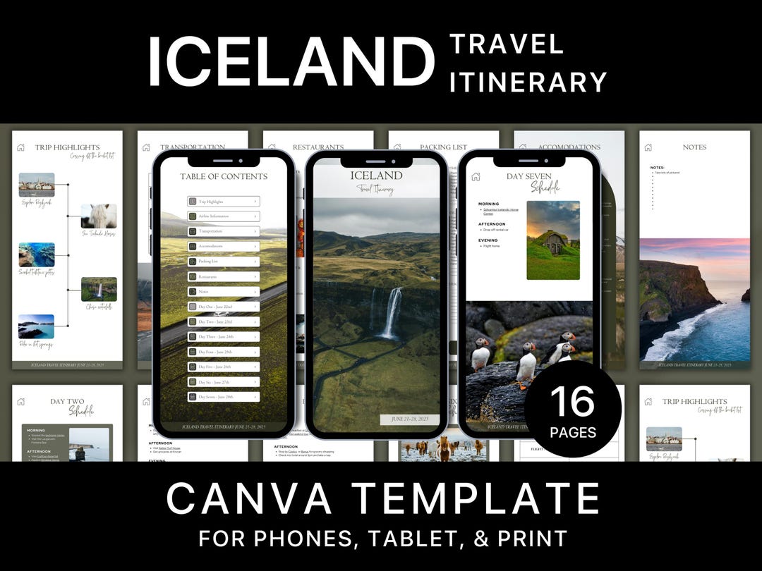 Iceland Travel Itinerary Template | Customizable Canva Planner (digital ...