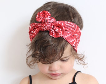 Red Bandana Baby Knotted Headband | Soft Cotton Jersey, Baby to Adult