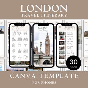 May include: A digital London travel itinerary template for phones. The design features multiple phone screens displaying itinerary details, icons, and the text "LONDON TRAVEL ITINERARY" and "CANVA TEMPLATE FOR PHONES". The template has 30 pages.