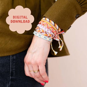 May include: A collection of colorful friendship bracelets in various patterns and colors, including orange, yellow, purple, and blue. The bracelets are handmade with intricate woven designs. The image also includes the text "DIGITAL DOWNLOAD" in a pink cloud-shaped graphic.