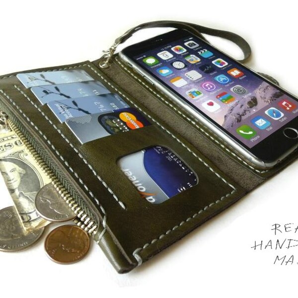 Leather iPhone 7 6 plus wallet - iPhone 6s case - Samsung Galaxy s7 s6 EDGE - green leather handmade wallet -multifunctional magnetic zipper
