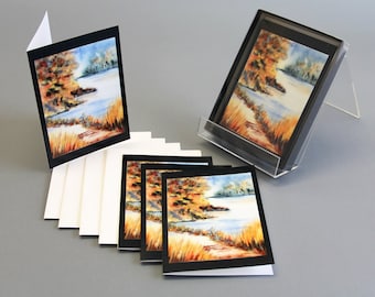 Notecard Fall Landscape Art from the watercolor painting "Red Maple Lake" by Kristine Plum in box sets of 4, 6 and 12