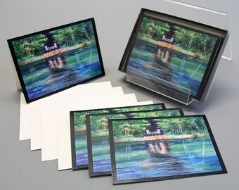 Nature card, Note card Landscape watercolor Painting Emerald Reflections II by Kristine Plum in quantities of 4, 6 or 12