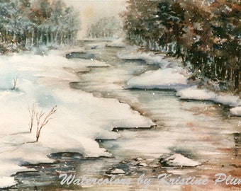 Watercolor Christmas Card Winter Reflections scene of a stream with snow falling on linen paper blank inside