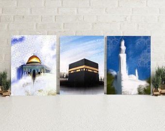 Modern Islamic Art Print Set of 3, Islamic Architecture Painting Prints, Islamic Home Decor, Modern Muslim Decoration, Dome or the Rock