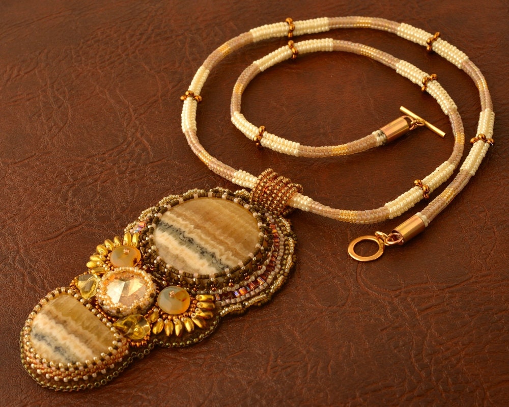 Bead Embroidery Necklace Pendant Beadwork With Agates and Etsy