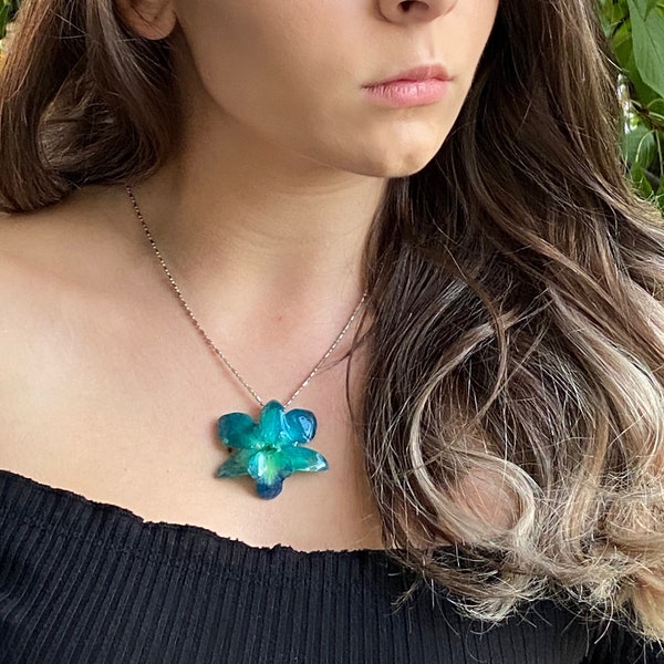 Real orchid necklace, Botanical jewelry, Real flower necklace, Orchid jewelry Dendrobium flower, turquoise flower necklace, Gift for mother