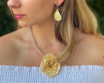 Yellow rose flower necklace, Real rose flower necklace, Yellow White rose jewelry set, Yellow rose earrings, Yellow floral necklace, Gift