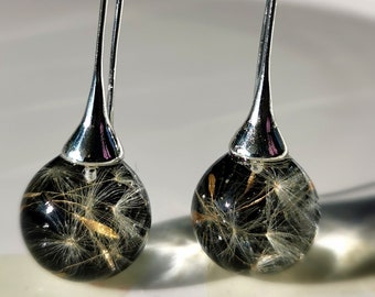 Real dandelion seeds earrings, Dandelion resin earrings, Dandelion ball earrings, Sterling silver, Black balls earrings, Dandelion jewelry