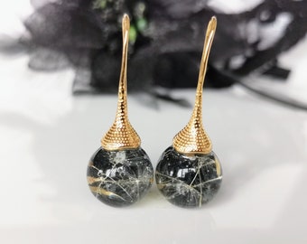 Real dandelion seeds earrings, Dandelion luxury earrings, Dandelion ball earrings, gilded earrings, Black balls earrings, Dandelion jewelry