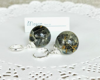 Real dandelion seeds earrings,Dandelion resin earrings,Dandelion ball earrings, Sterling silver 925, Black balls earrings,Dandelion jewelry