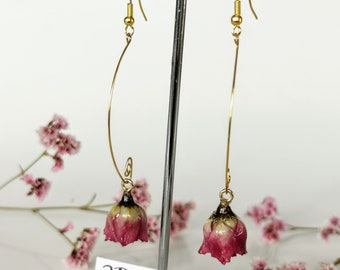 Real Rosebud Earrings - Pink Earrings, Flower Jewelry, Gold-plated Steel, Pearl Earrings, Long Earrings, Botanical Jewelry, Gift for Woman