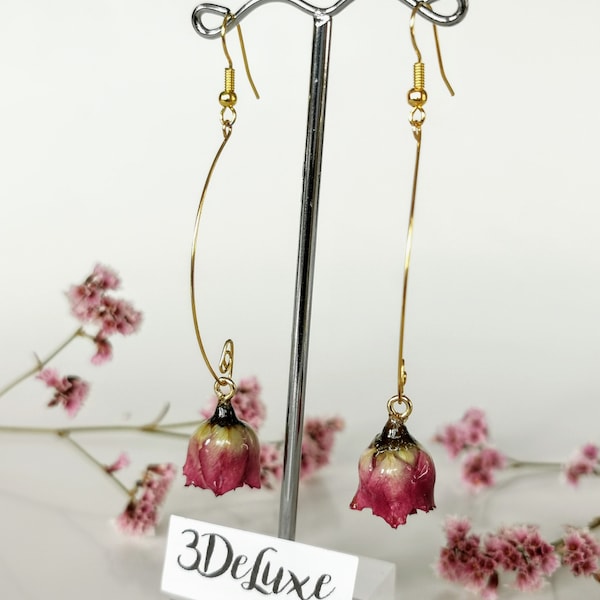 Boucles d’oreilles Real Rosebud - Boucles d’oreilles roses, bijoux de fleurs, or plaqué acier, boucles d’oreilles perle, boucles d’oreilles longues, bijoux botaniques, cadeau pour femme