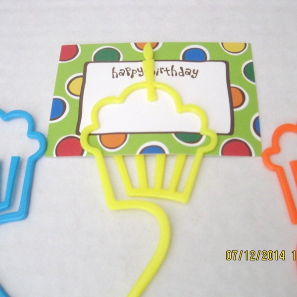 Floral Picks Pk/12 Happy Birthday CUPCAKE Card Holder Assorted Colors 12" NEW!
