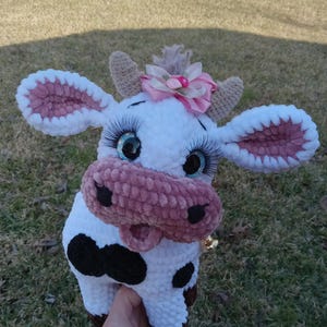 Crocheted Plush Cow: Black and White Stuffed Animal White/ pink bow