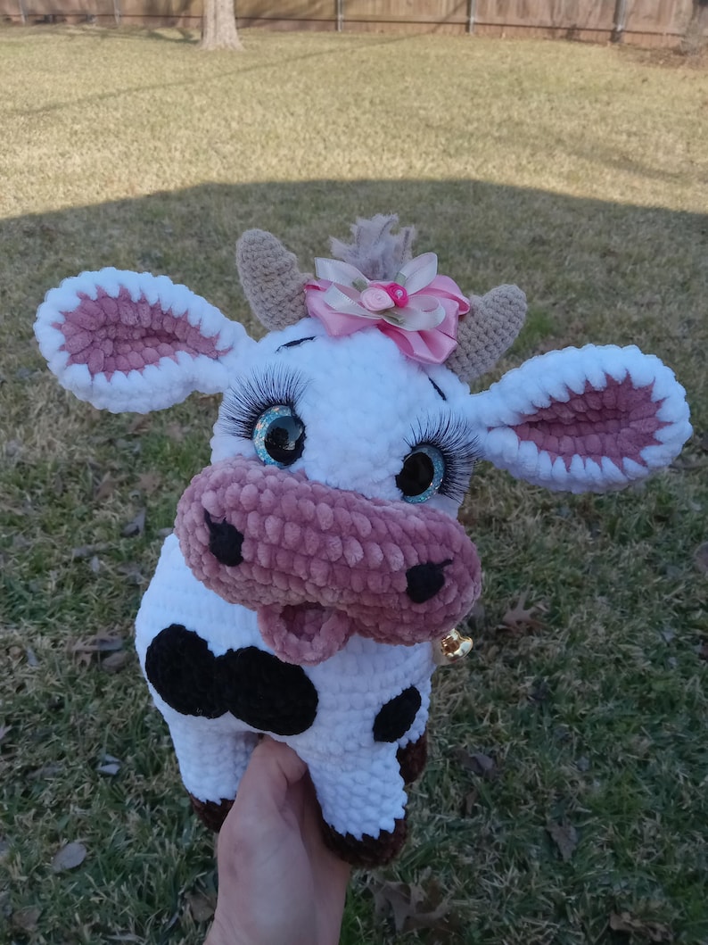 Crocheted Plush Cow: Black and White Stuffed Animal White/ pink bow