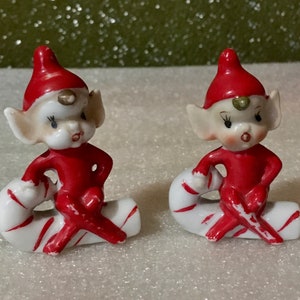 Vintage Hand Painted Set of 2 Red Pixie Elves Sitting on Candy Canes