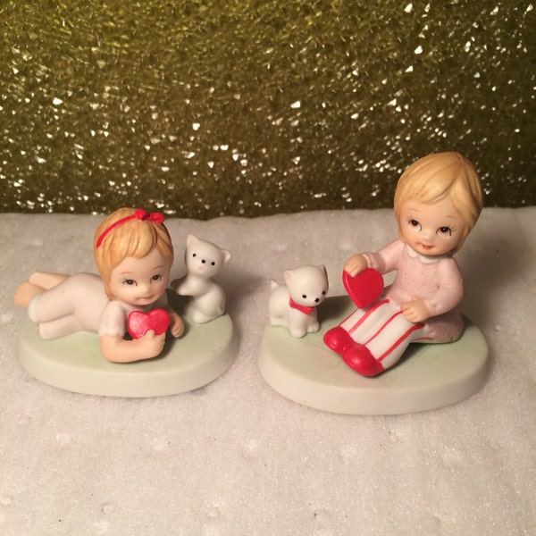 Vintage Hand Painted Valentines  Boy and Girl Holding Hearts Figurines