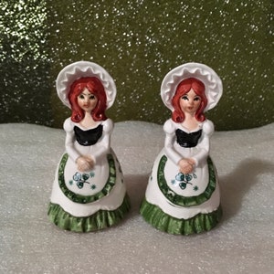 2 Vintage Hand Painted St. Patrick’s Day Lass in Traditional Holiday Dressed and Bonnet Salt and Pepper Shaker Figurines