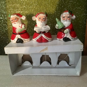 Vintage Hand Painted Set of 3 Santa Figurine Bells by Lefton with Original Box