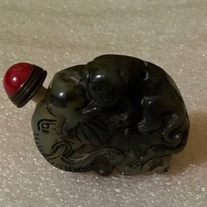 Vintage Hand Carved Asian Jade Monkey Riding an Elephant Snuff Bottle