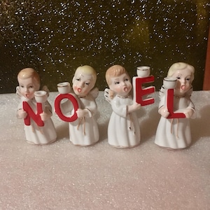 1950&#39;s Vintage Hand Painted Set Of 4 Commodore Noel Angels Candle Holder Figurines Centerpiece