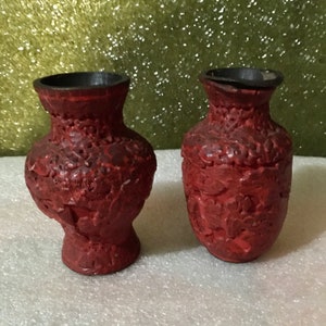Vintage Set of Old Cinnabar Asian Vases