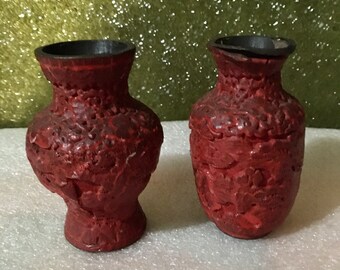 Vintage Set of Old Cinnabar Asian Vases