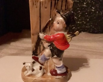 Vintage Hand Painted Traveling Boy and Puppy Bud Vase or Pen Holder