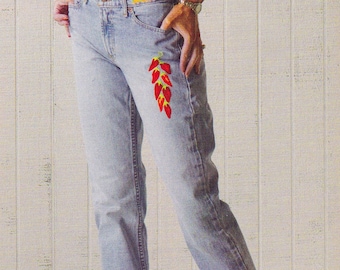 Hand Embroidered Jeans, Chili Pepper Embroidery, Borders, Red Peppers Chain Stitch, Size 5 Faded Jeans, Only One Available, FREE US SHIPPING