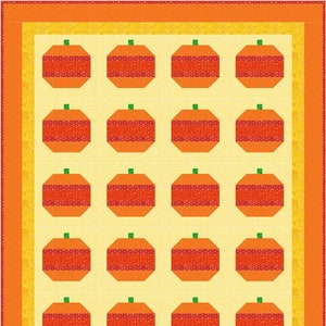 May include: A quilt pattern with a yellow background and orange borders. The quilt is made up of 20 orange pumpkins with green stems.