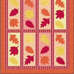 May include: A quilt pattern with a repeating design of red, orange, and yellow leaves. The leaves are arranged in vertical rows on a light pink background.