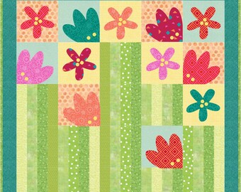 Fantasy Flowers Quilt Pattern, Applique, Pieced Strips, Button Embellishment, Scrap Quilt, Floral, INSTANT DOWNLOAD